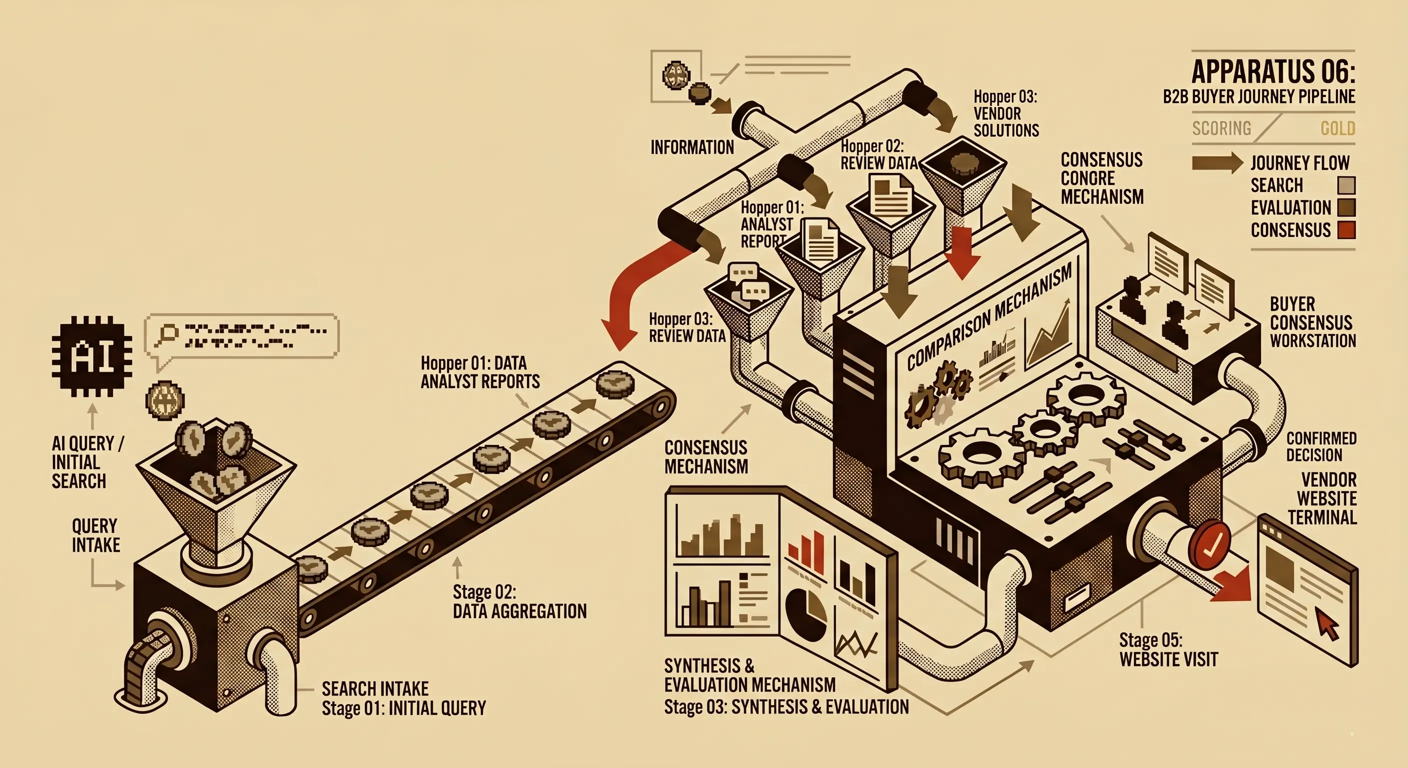 B2B buyer research journey showing five sequential stages from AI query to website visit